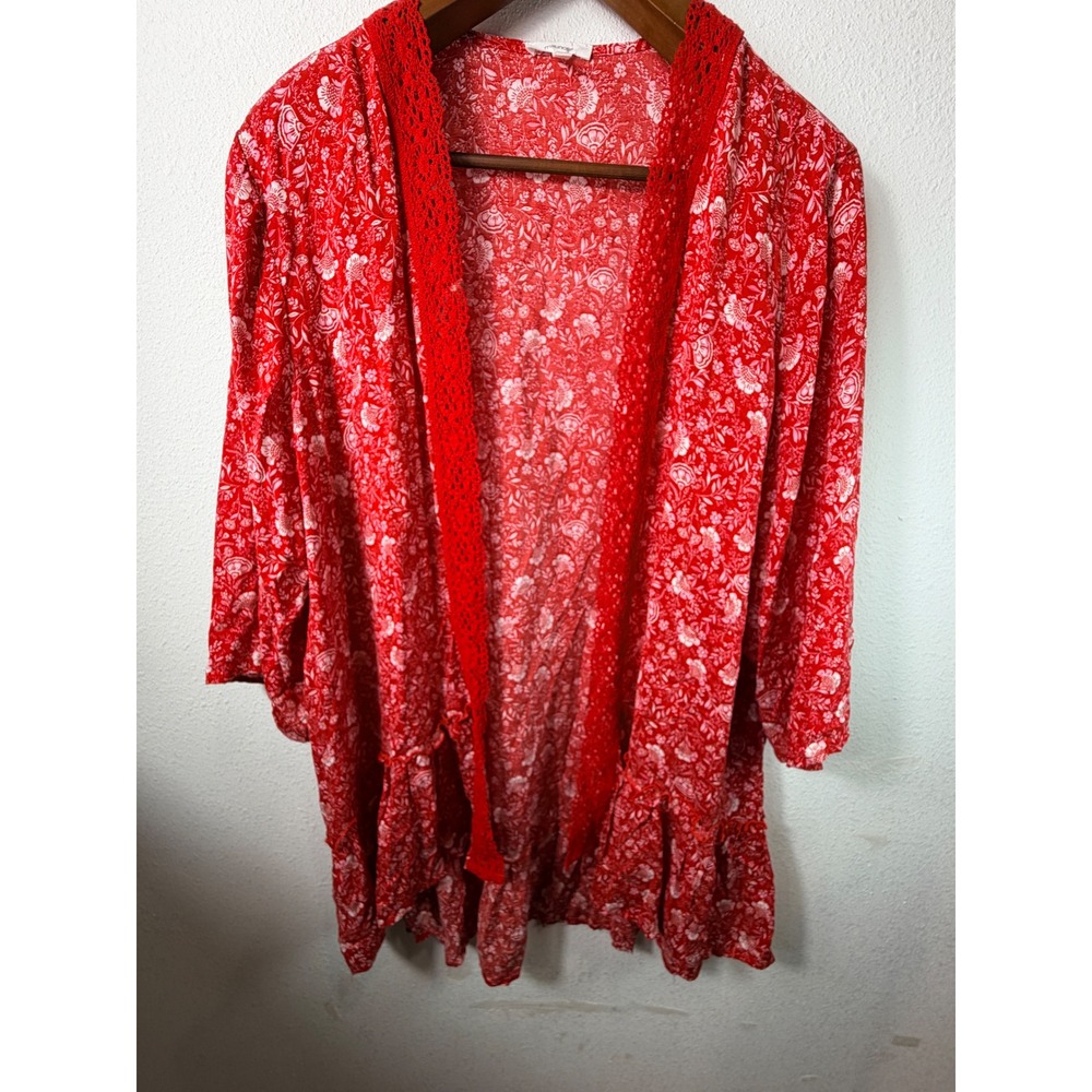 Maurices Women Kimono Red XXL Floral Crochet Lace Trim Ruffle Hem Boho Layering